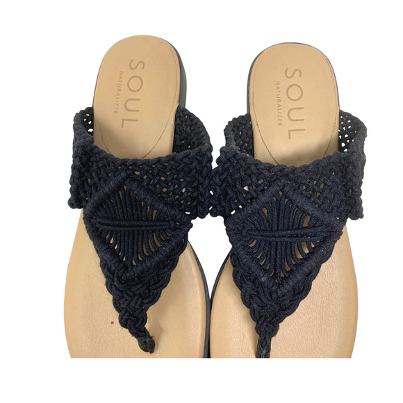 Soul by Naturalizer Relax Sz 9.5 Black Macrame Woven Thong Sandals Flip Flops - Picture 4 of 7